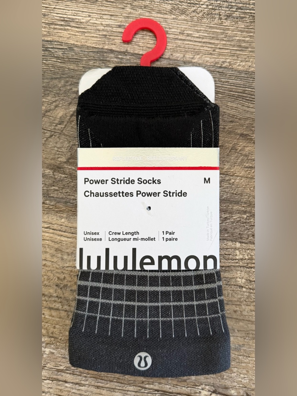 Lululemon Unisex (M) Power Stride Crew Length Socks Reflective Grid Grey/Black
